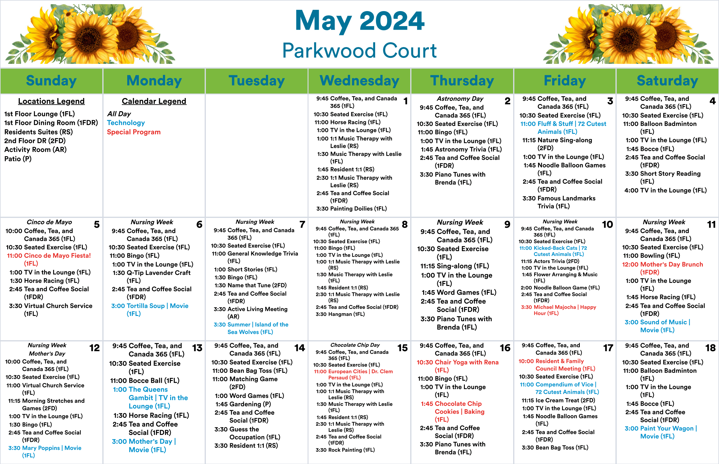Parkwood Court May 1-18 2024 event calendar