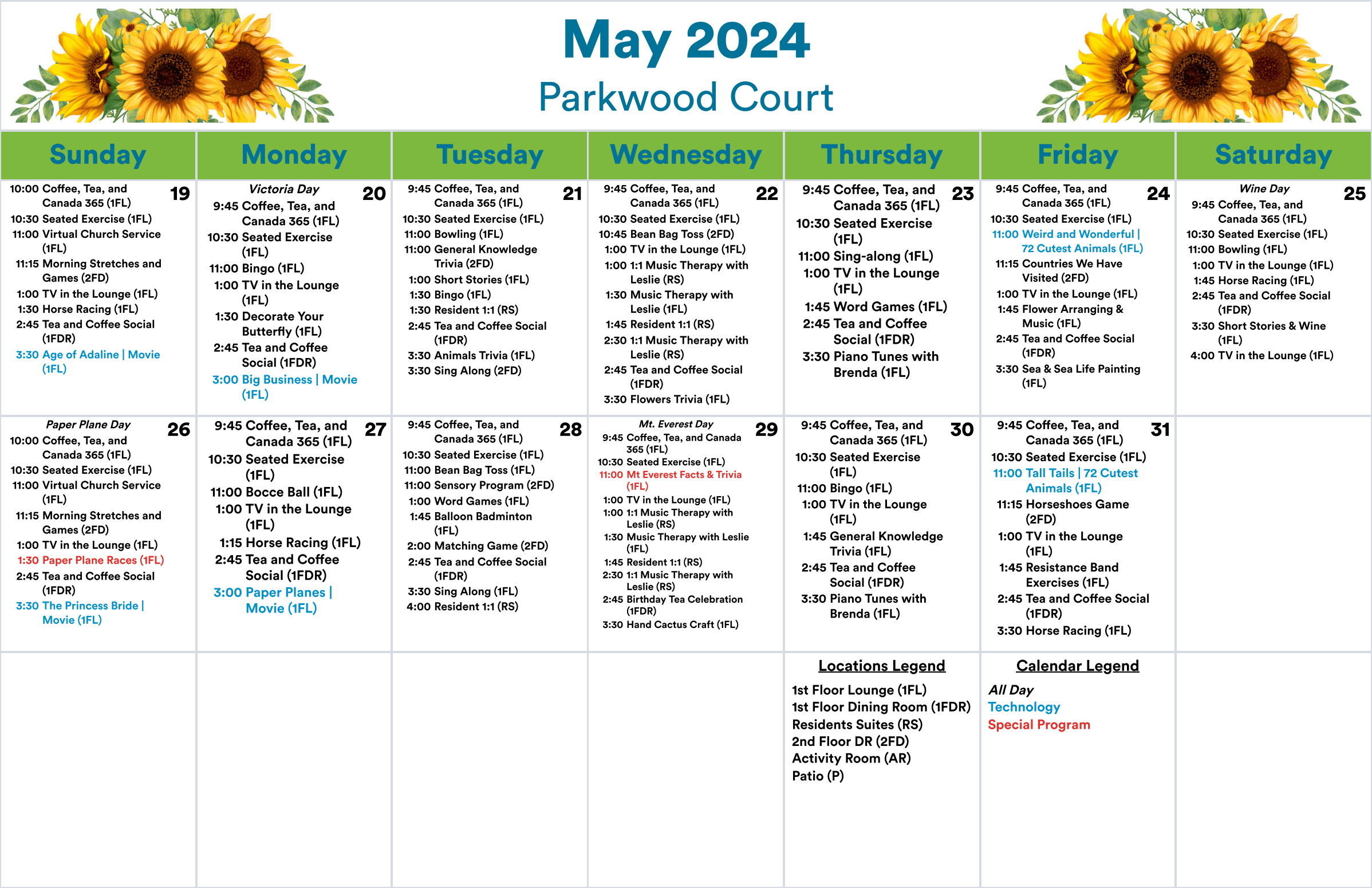 Parkwood Court May 19-31 2024 event calendar