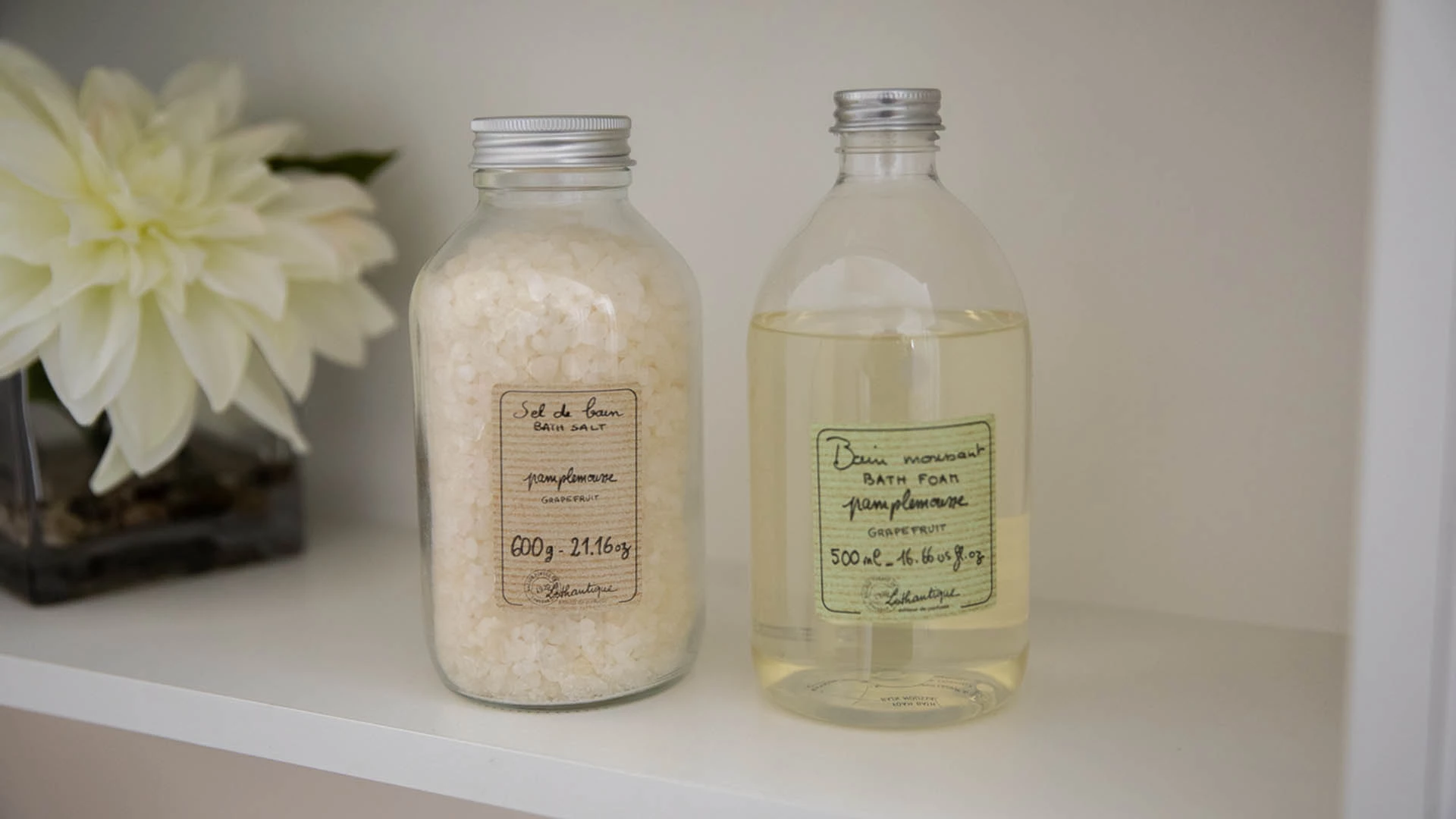 Glass containers of bath salts and bath foam